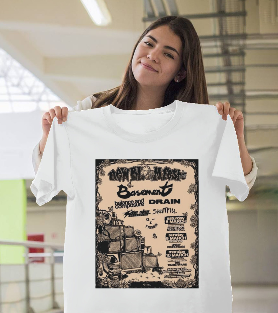 New Bloom Fest 2025 Basement Balance And Composure Drain Turnover Live Concert March 8-10 T-Shirt