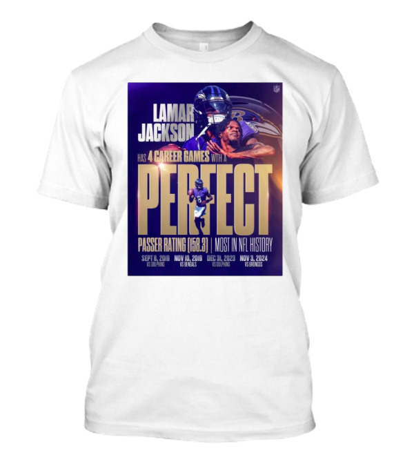 Lamar Jackson Baltimore Ravens Perfect Passer Rating Most In NFL History 4 Career Games Vs Dolphins Bengals Broncos T-Shirt