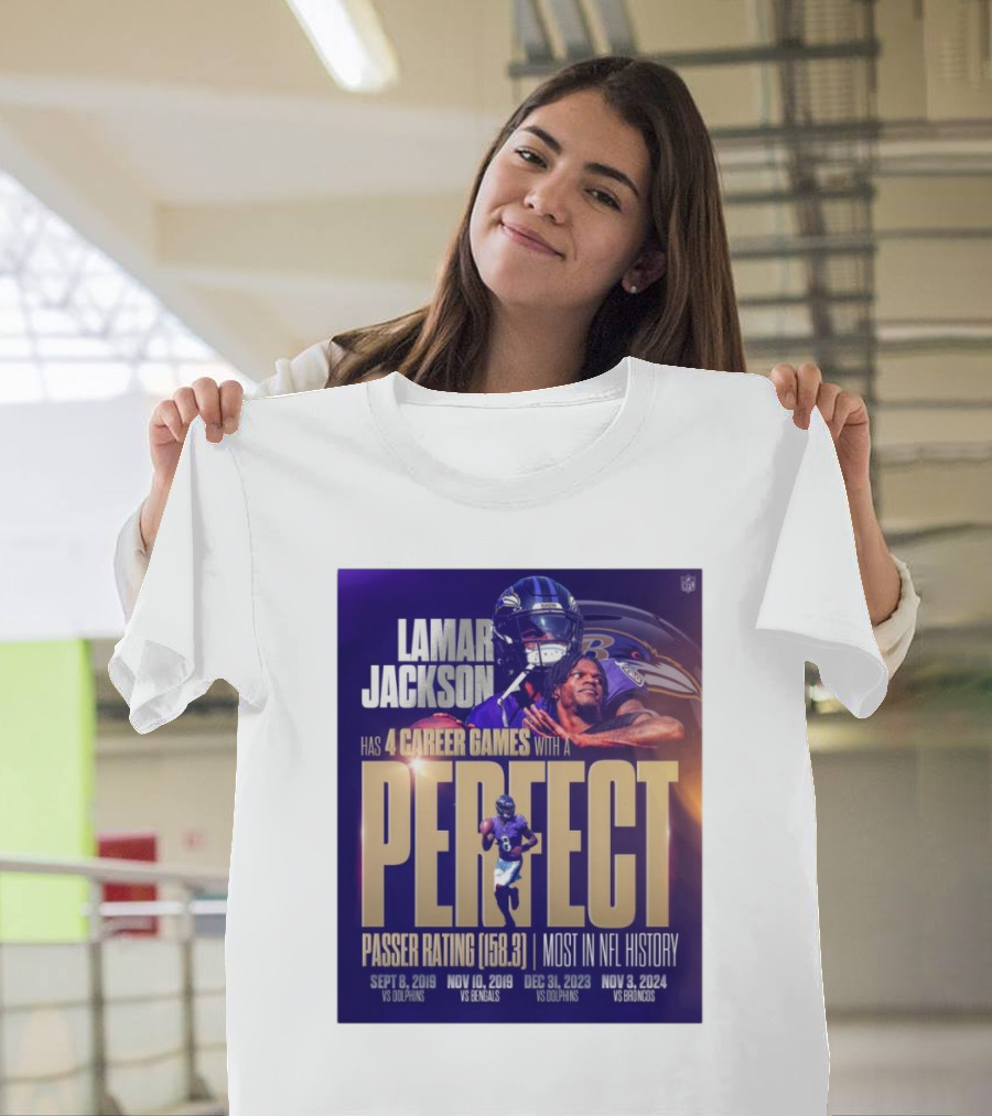 Lamar Jackson Baltimore Ravens Perfect Passer Rating Most in NFL History 4 Career Games vs Dolphins Bengals Broncos T-Shirt