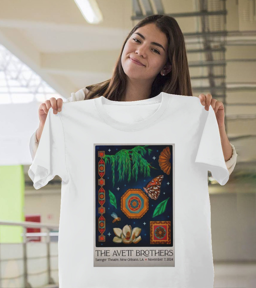 The Avett Brothers Saenger Theatre New Orleans November 7 2024 Tour Poster with Butterfly and Magnolia Elements T-Shirt