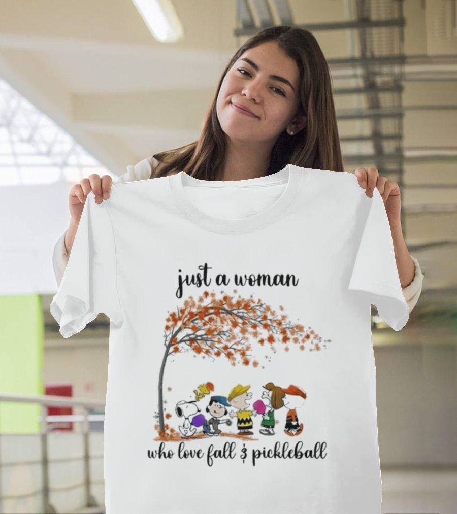 Snoopy Just A Woman Who Loves Fall and Pickleball 2024 Peanuts Characters Autumn Scene T-Shirt
