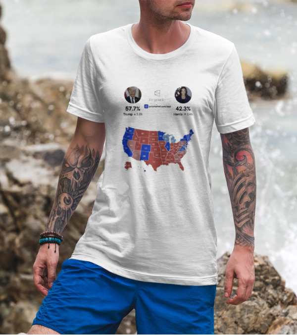 Simple YES Or NO Poll Do You Believe Trump Will Emerge The Winner Of The 2024 Presidential Election 57.7% Trump 42.3% Harris US Map Polymarket App T-Shirt