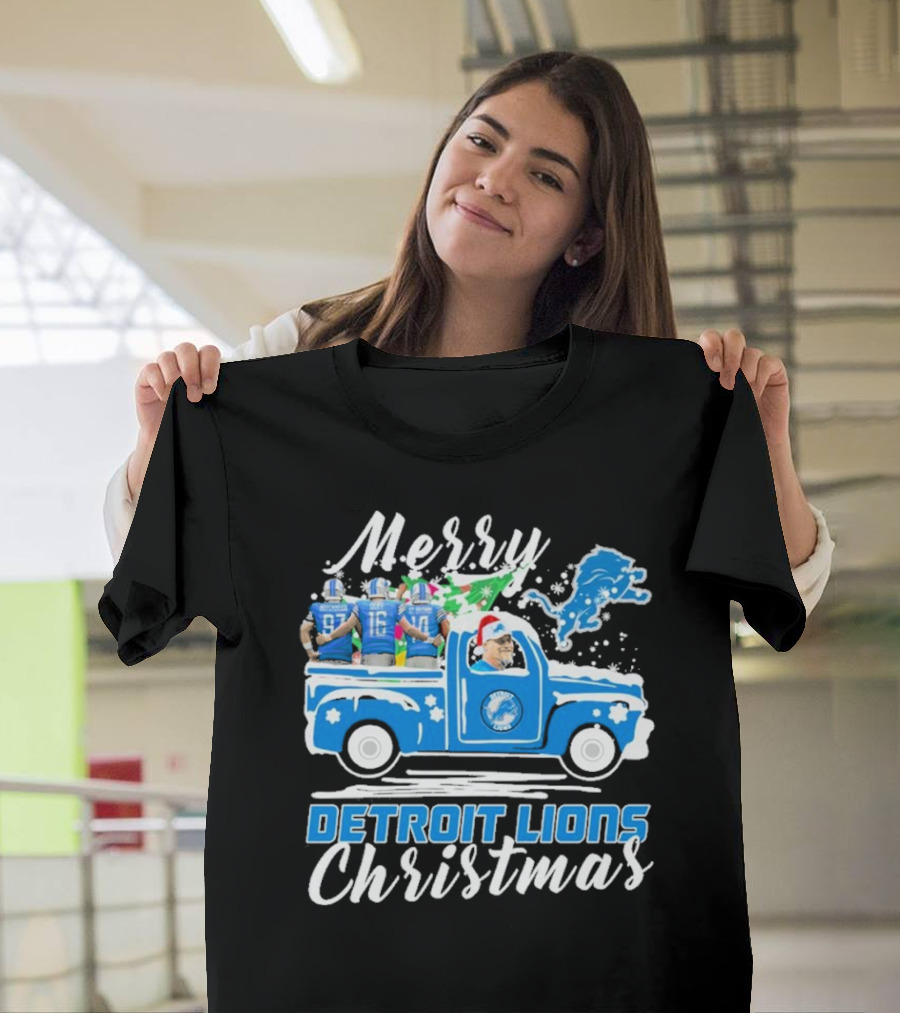 Merry Detroit Lions Christmas With David Montgomery Jared Goff Amon-Ra St. Brown T-Shirt