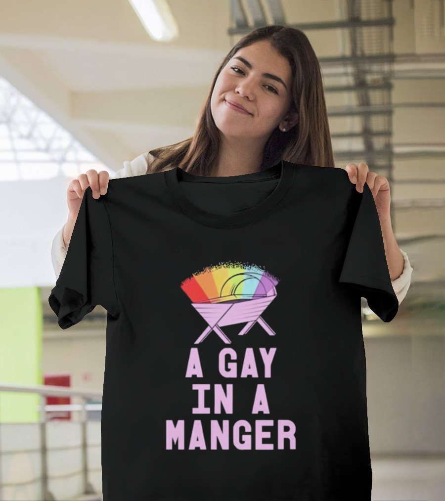 A Gay in a Manger Rainbow Design Purple T-Shirt