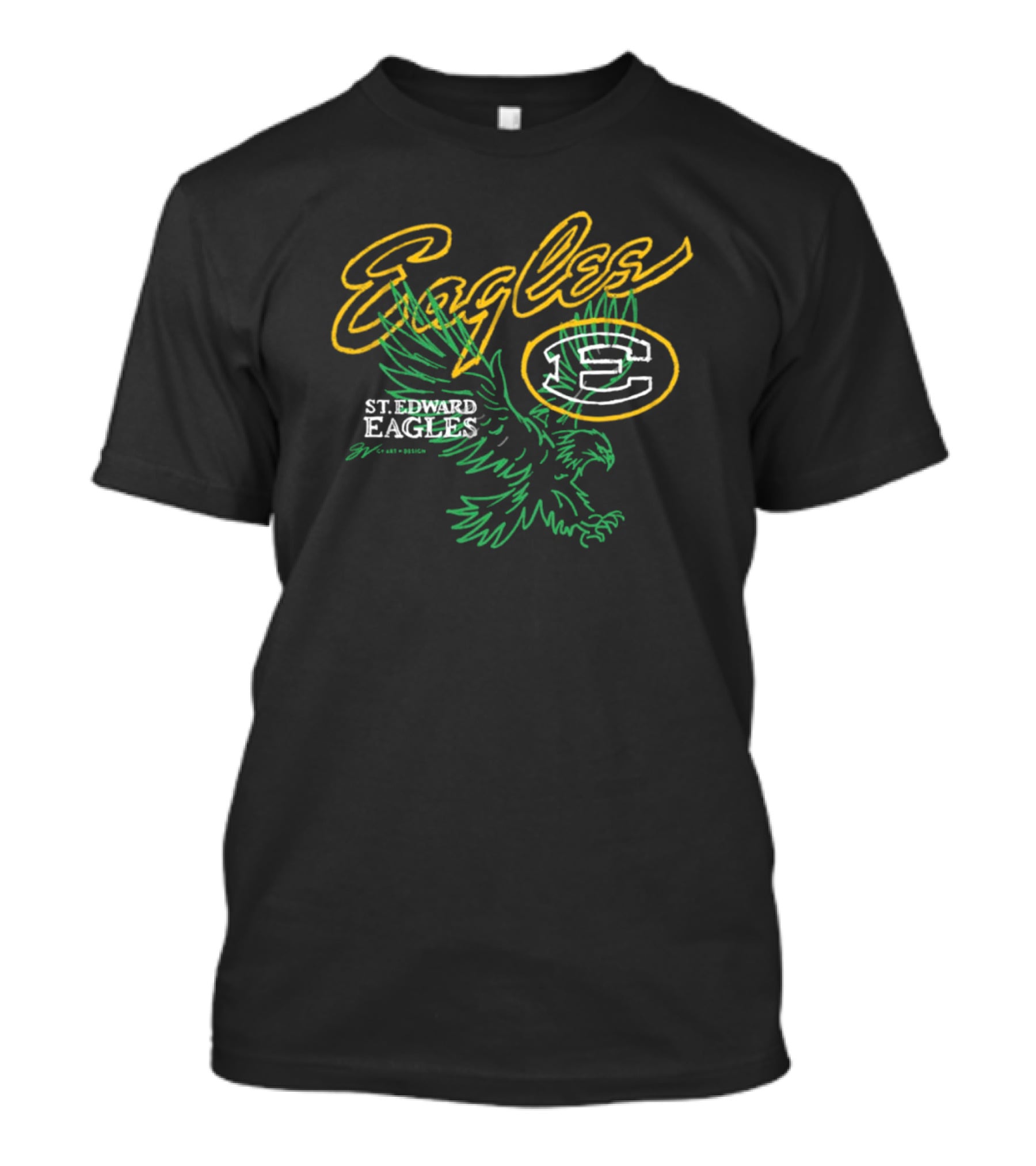 St. Edward Eagles Basketball Yellow Outline And Green Eagle Emblem T-Shirt