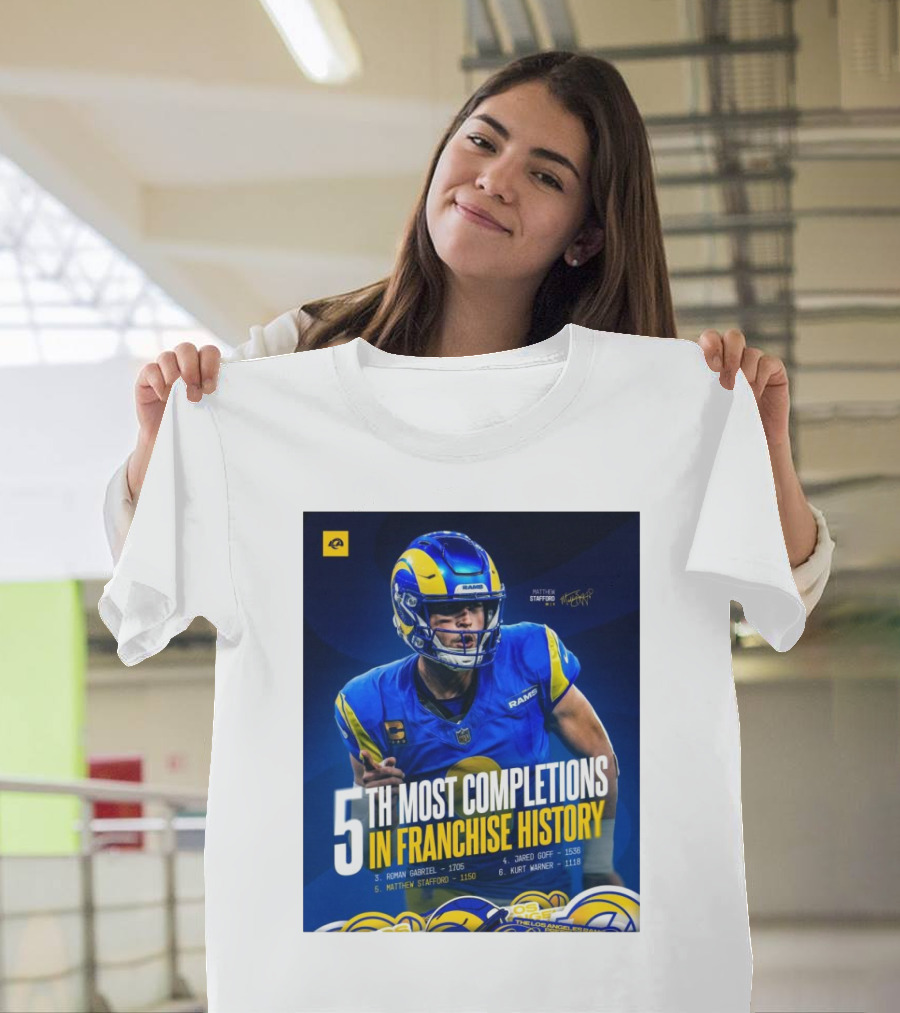 Matthew Stafford Rams 5th Most Completions in Franchise History Signature T-Shirt
