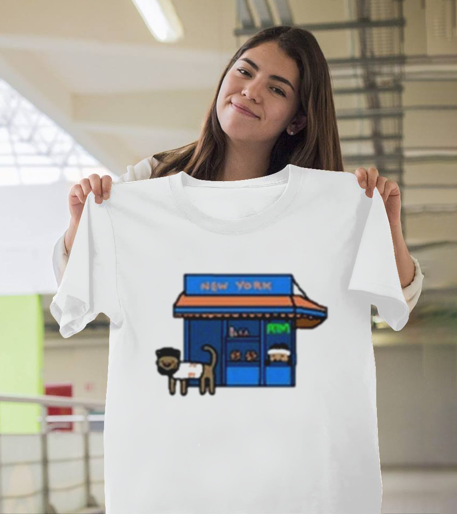 New York Bodega Kat with Blue Storefront and ATM T-Shirt
