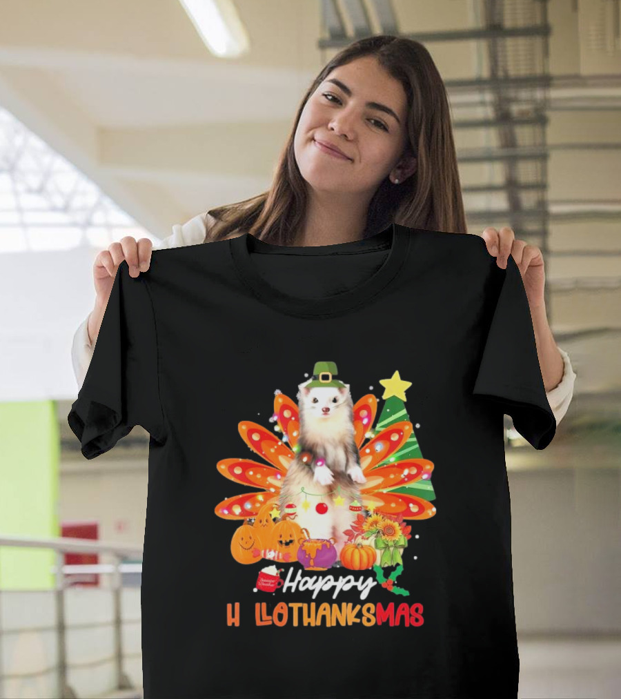 Ferret Happy Hallothanksmas Halloween Thanksgiving Christmas Holiday T-Shirt