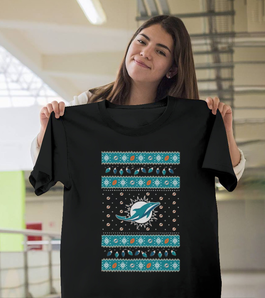 Miami Dolphins NFL Holiday Lights Ugly Sweater Christmas Football T-Shirt