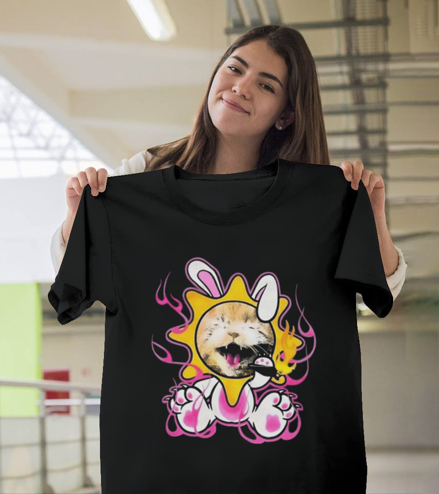 Praiseche Cat Sunburst Bunny Ears Pink Flames T-Shirt