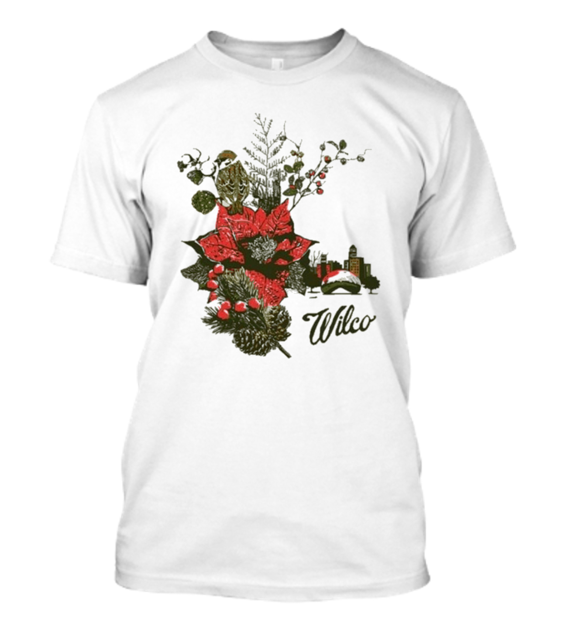 Wilco 2024 Holiday Poinsettia Scene With Skyline And Bird T-Shirt