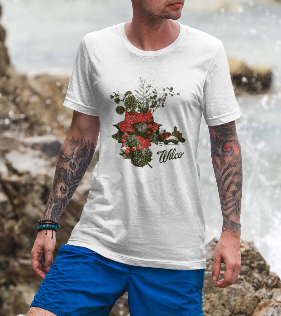 Wilco 2024 Holiday Poinsettia Scene With Skyline And Bird T-Shirt