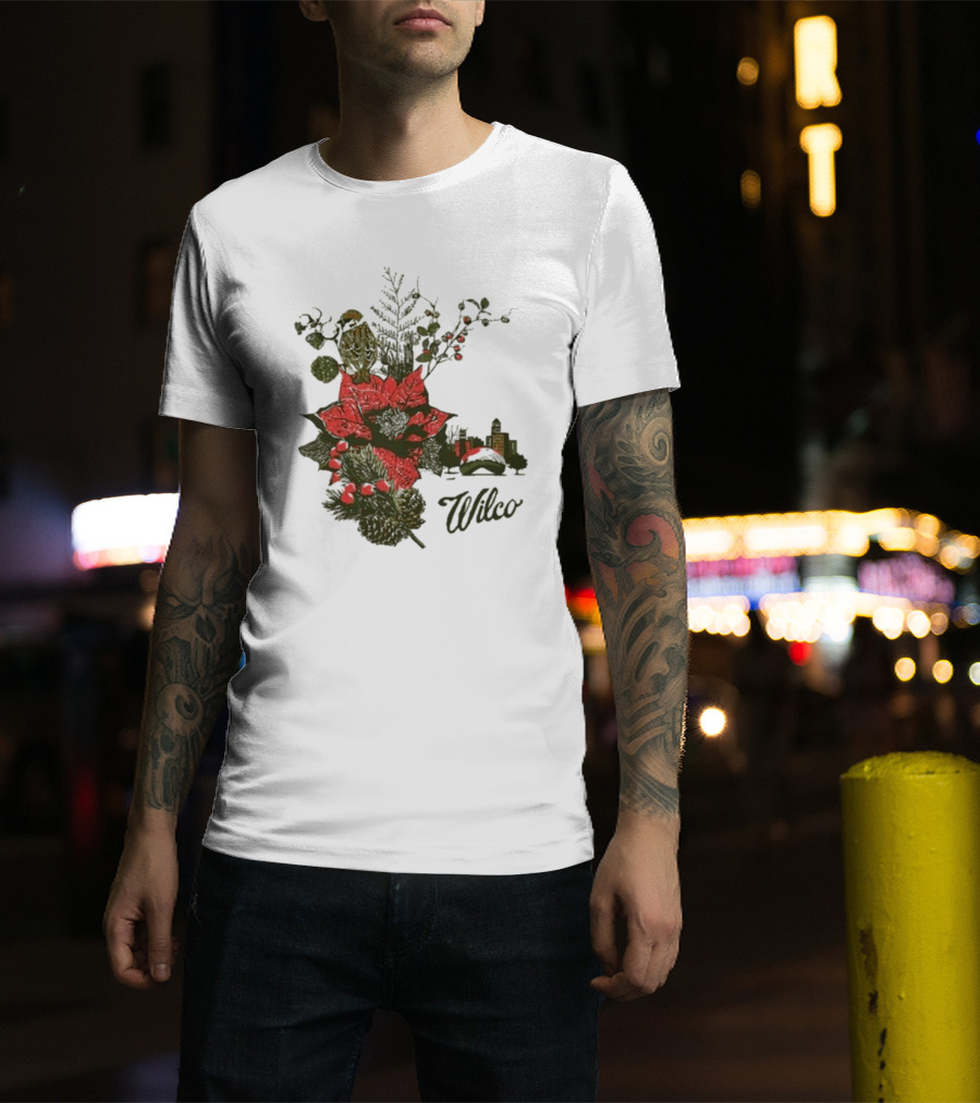 Wilco 2024 Holiday Poinsettia Scene With Skyline And Bird T-Shirt