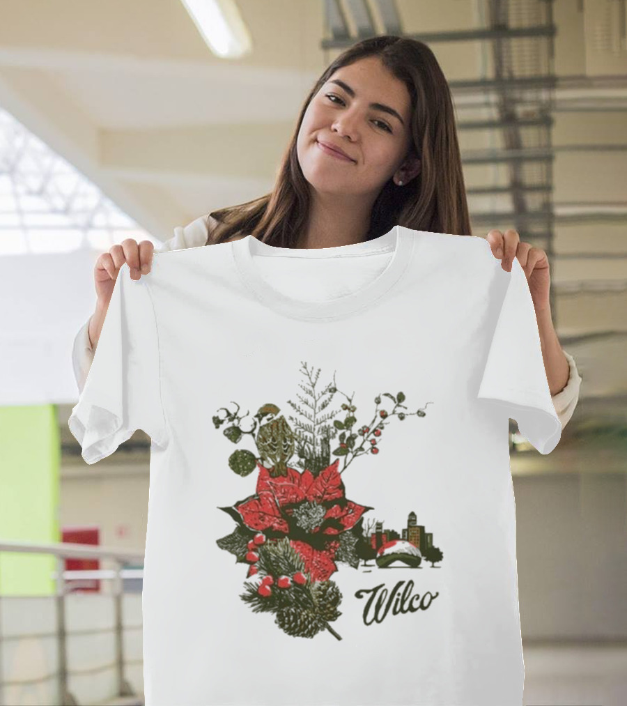 Wilco 2024 Holiday Poinsettia Scene With Skyline And Bird T-Shirt