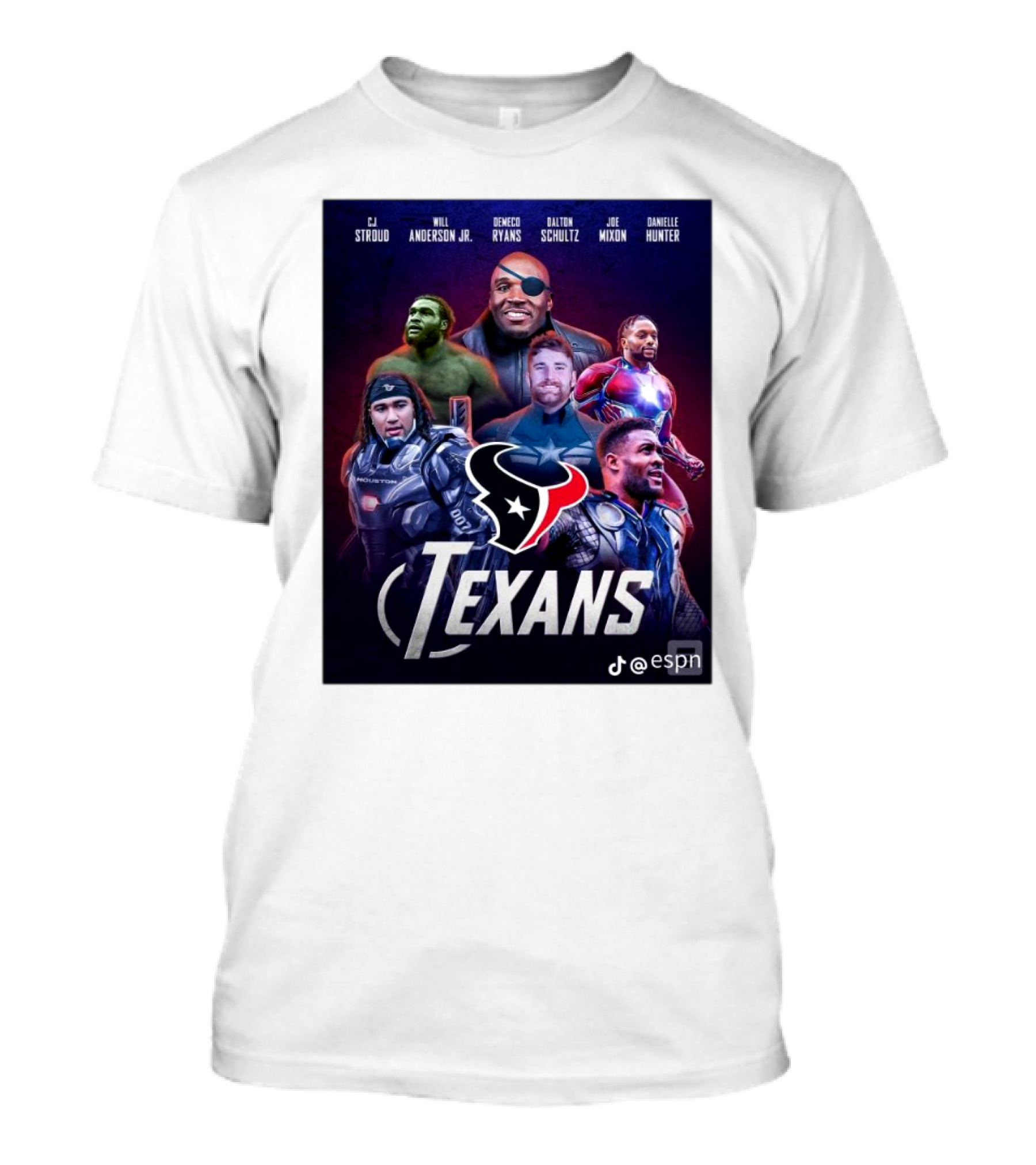 Houston Texans Marvel Crossover CJ Stroud Will Anderson Jr Demeco Ryans Dalton Schultz Joe Mixon Danielle Hunter T-Shirt