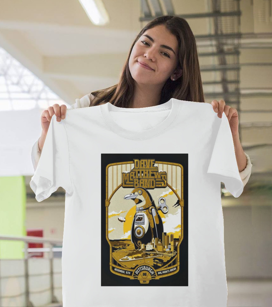Dave Matthews Band Pittsburgh PA PPG Paints Arena November 15 2024 Penguin Illustration Skyline T-Shirt