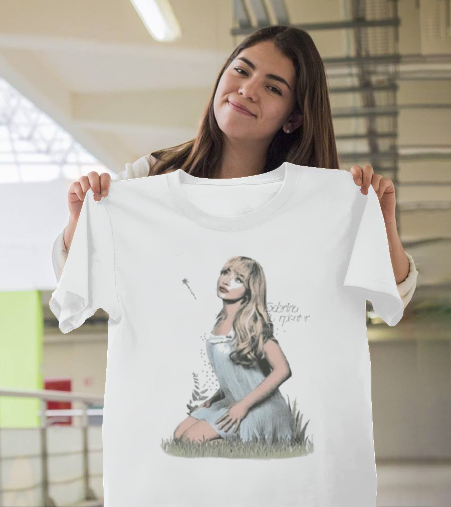 Sabrina Carpenter Sitting in Grass with Sparkle Wand and Flowing Hair T-Shirt