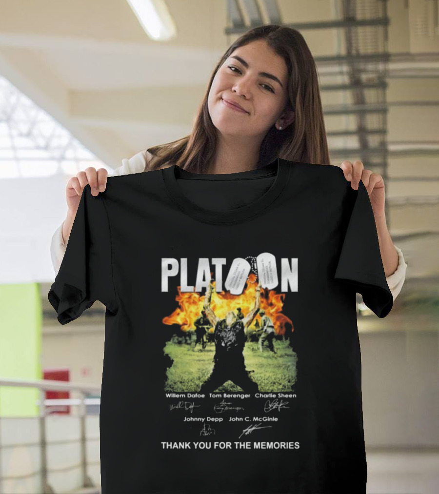 Platoon Thank You For The Memories Signatures Willem Dafoe Tom Berenger Charlie Sheen Johnny Depp John C. McGinley T-Shirt