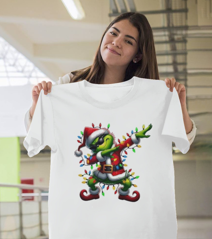 Santa Grinch Dabbing Festive Lights Merry Christmas T-Shirt