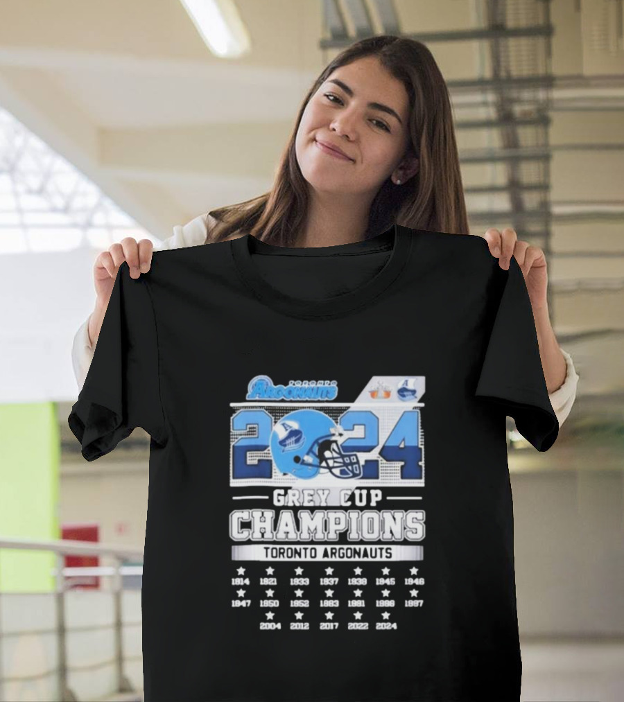 Toronto Argonauts 2024 Grey Cup Champions Helmet Logo Celebration with Championship Years T-Shirt