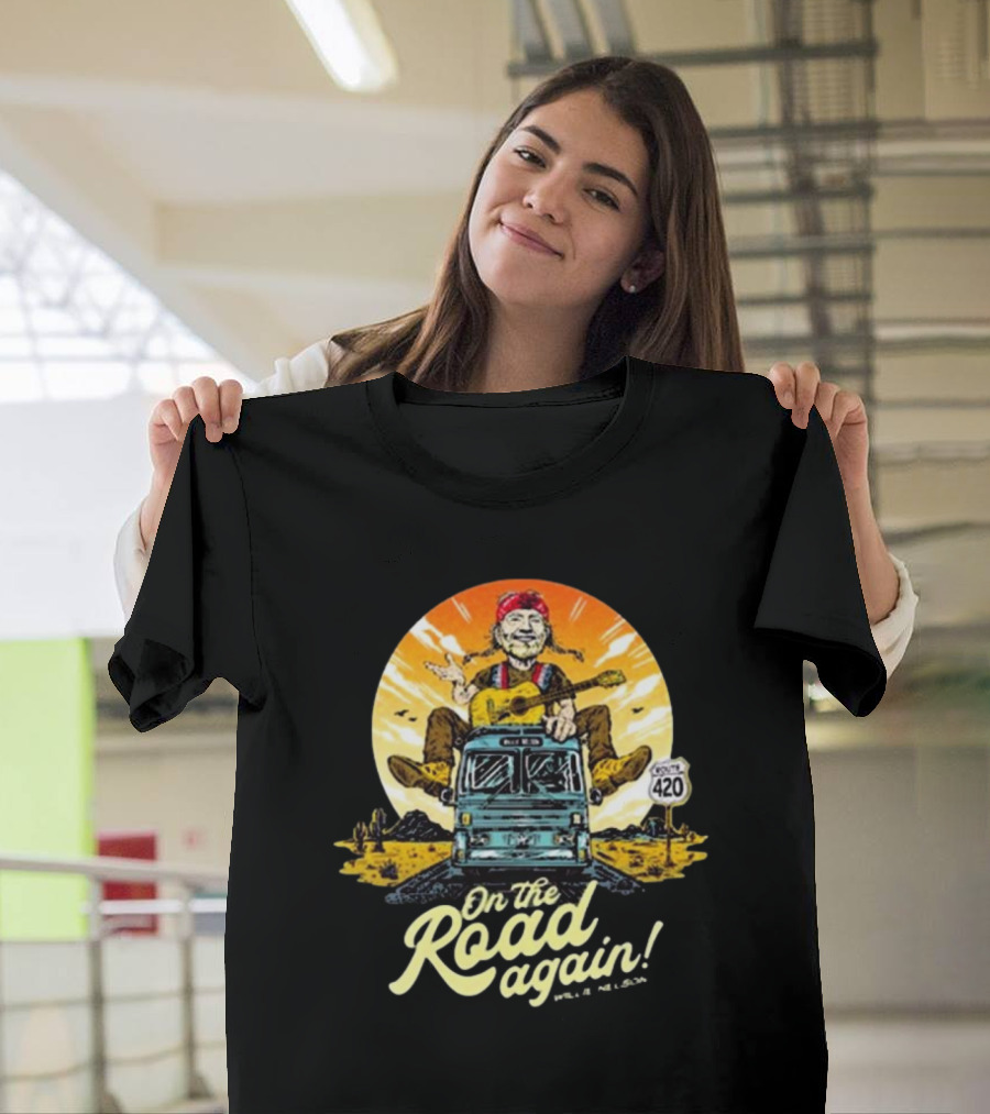 Willie Nelson On The Road Again Retro Route 420 Bus T-Shirt