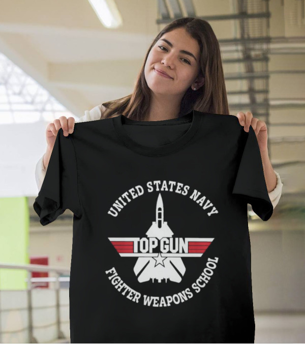 United States Navy Top Gun Fighter Weapons School Emblem With Jet Silhouette And Red Stripes T-Shirt
