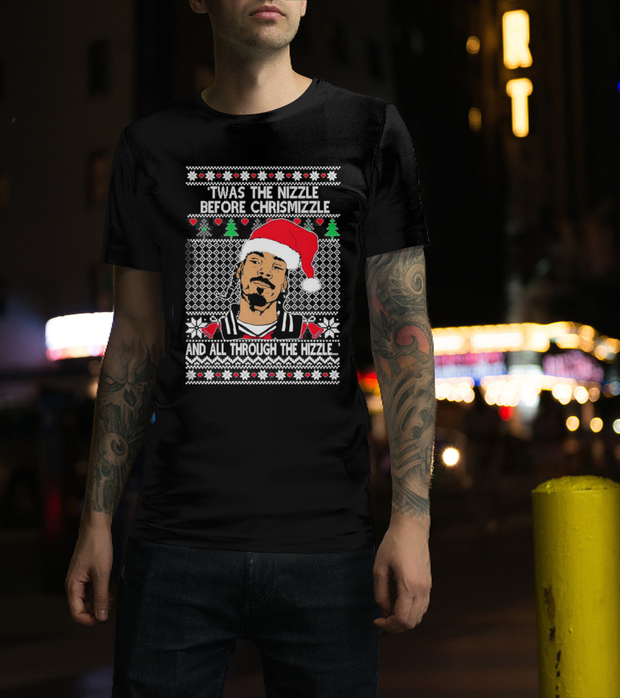 Snoop Dogg Twas The Nizzle Before Chrismizzle Santa Hat Pattern Christmas T-Shirt