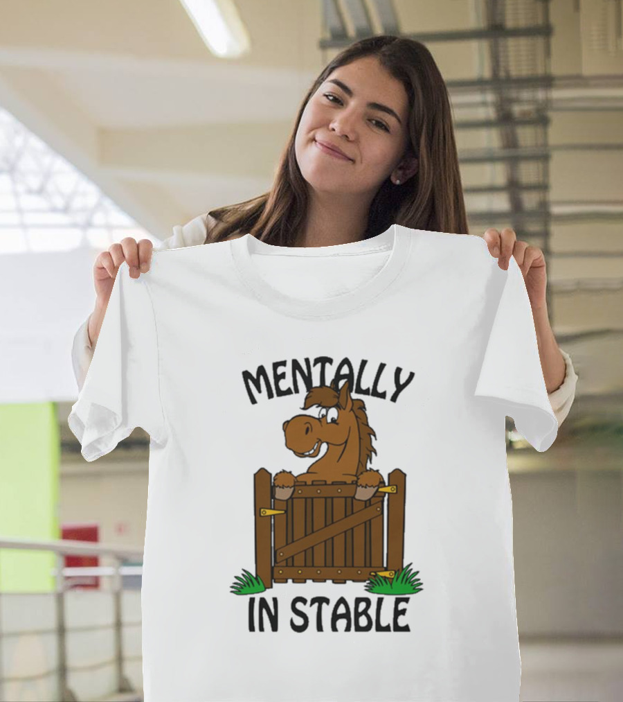 Mentally In Stable Cartoon Horse Gate Humorous T-Shirt
