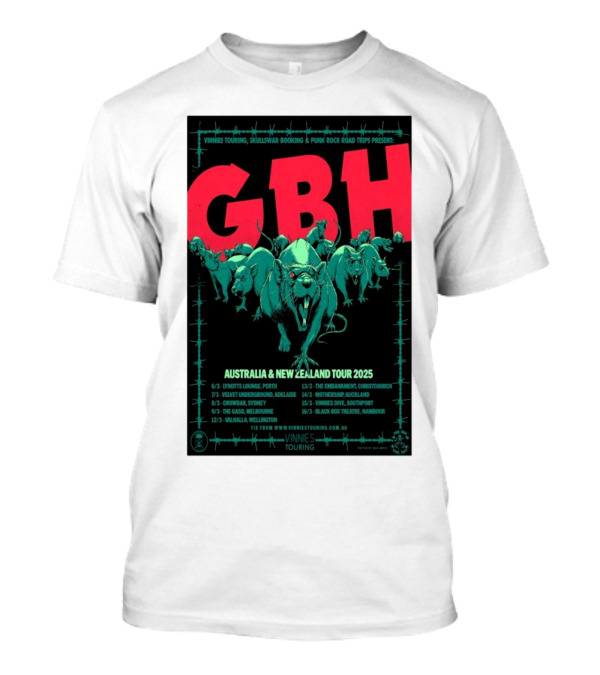 GBH Australia And New Zealand Tour 2025 Vinnies Touring Skullswar Booking Punk Rock Road Trips T-Shirt