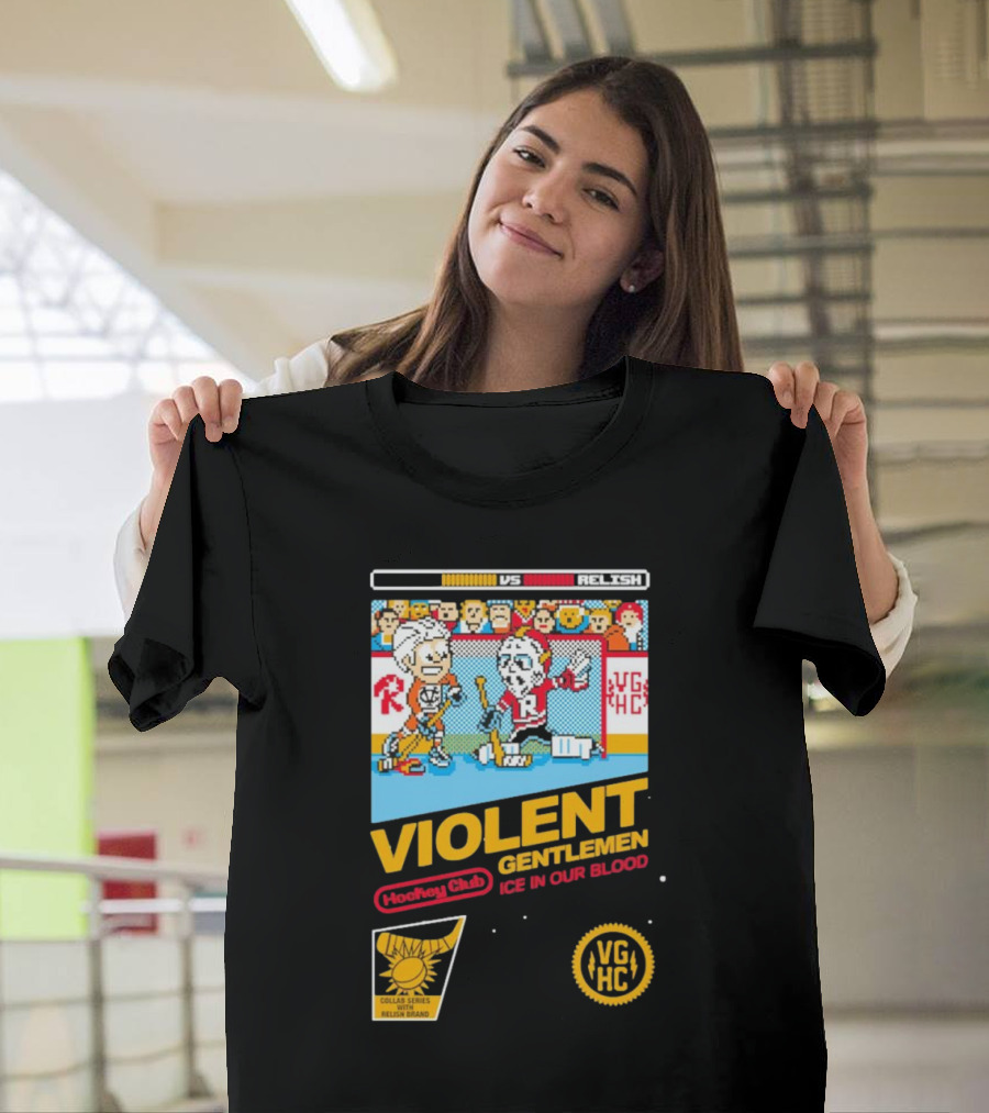 Violent Gentlemen Hockey Club 8-Bit Ice In Our Blood Vs Relish VG HC Collar and Elbow Relish Brand T-Shirt