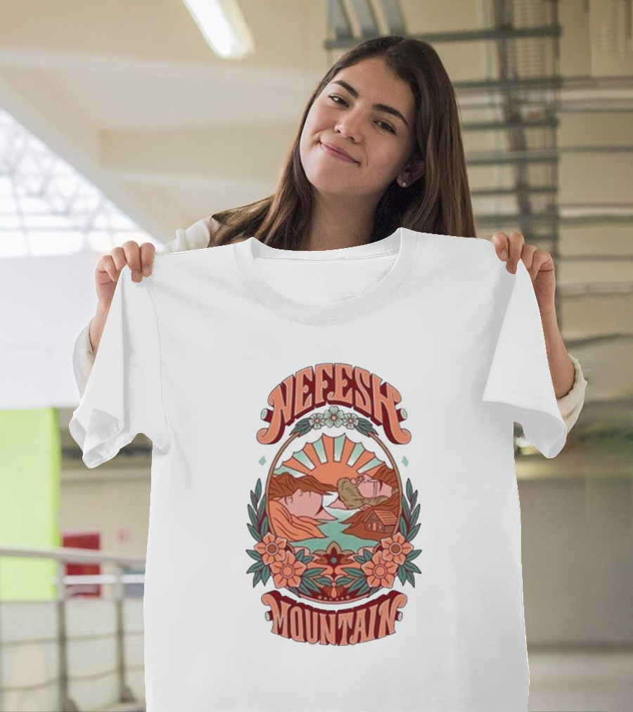 Nefesh Mountain Sunrise Scene With Cabin And Flowers T-Shirt