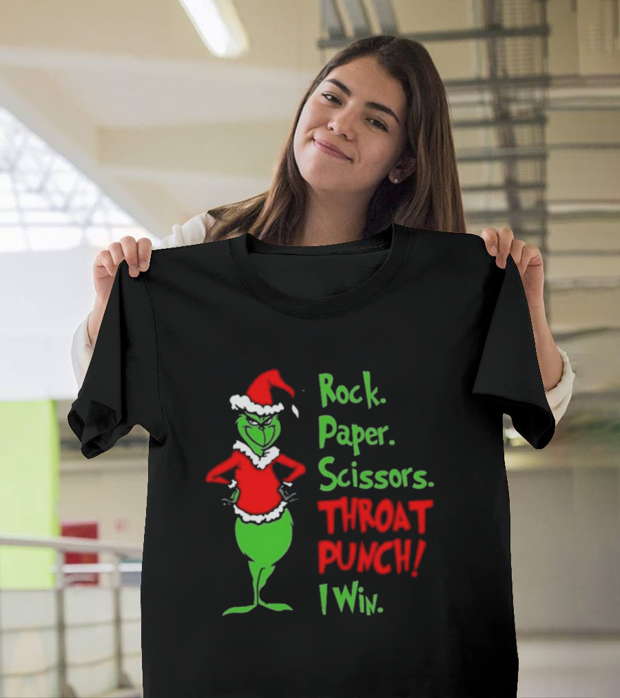 Grinch Rock Paper Scissors Throat Punch I Win Merry Christmas T-Shirt