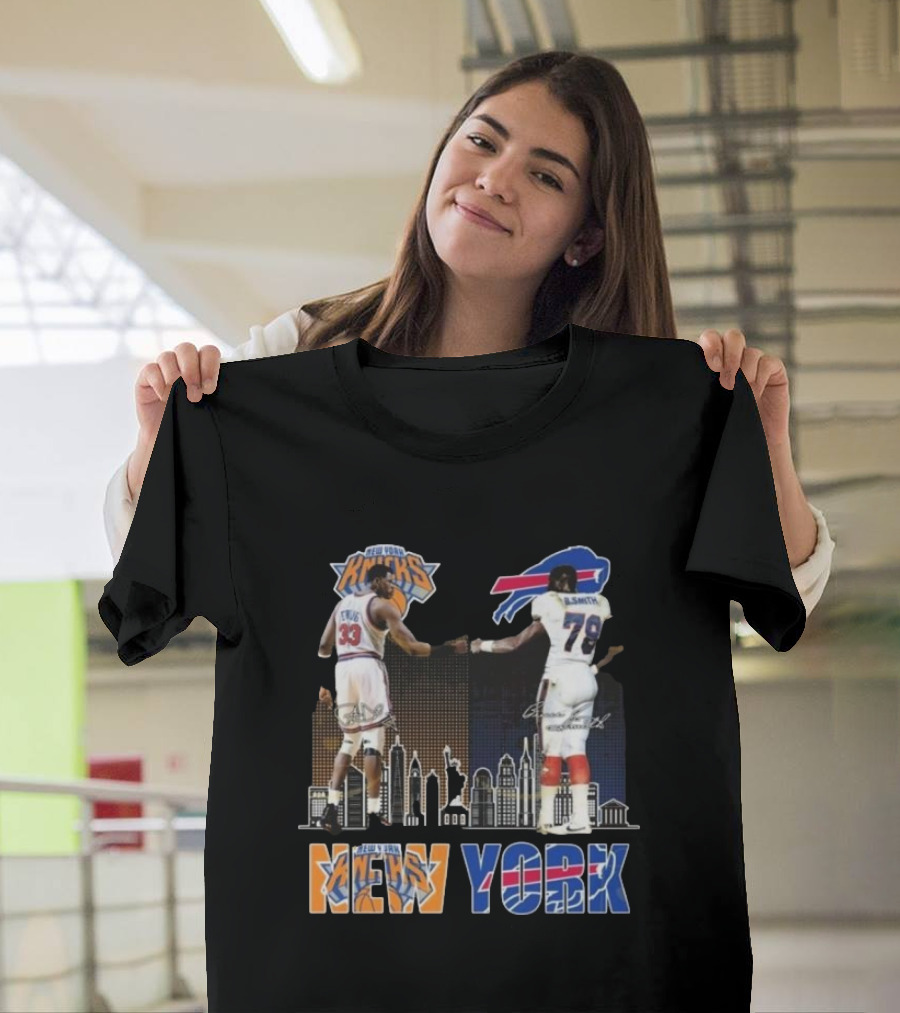 New York Knicks Buffalo Bills Cityscape Collaboration With Ewing And Smith Signatures T-Shirt