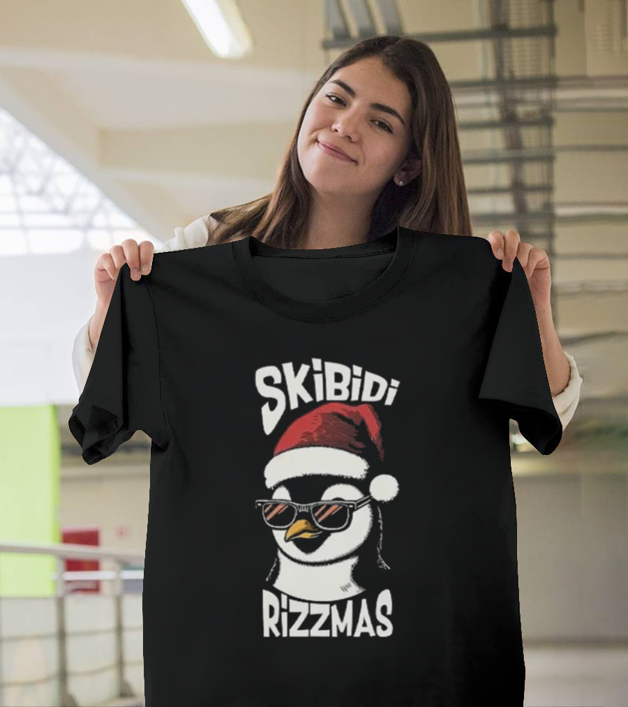 Skibidi Rizzmas Christmas Penguin with Santa Hat and Sunglasses T-Shirt