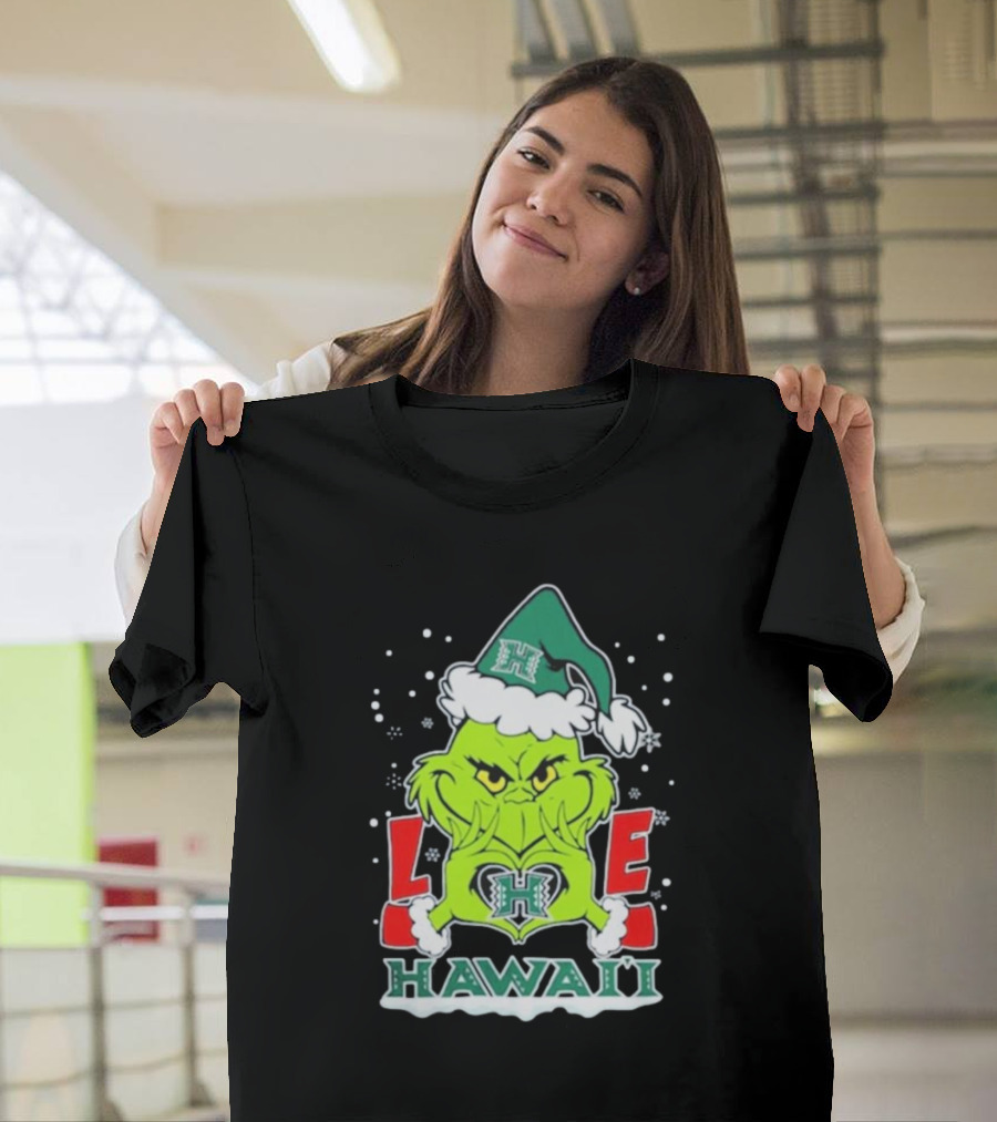 The Grinch Love Hawaii Rainbow Warriors Football Christmas T-Shirt