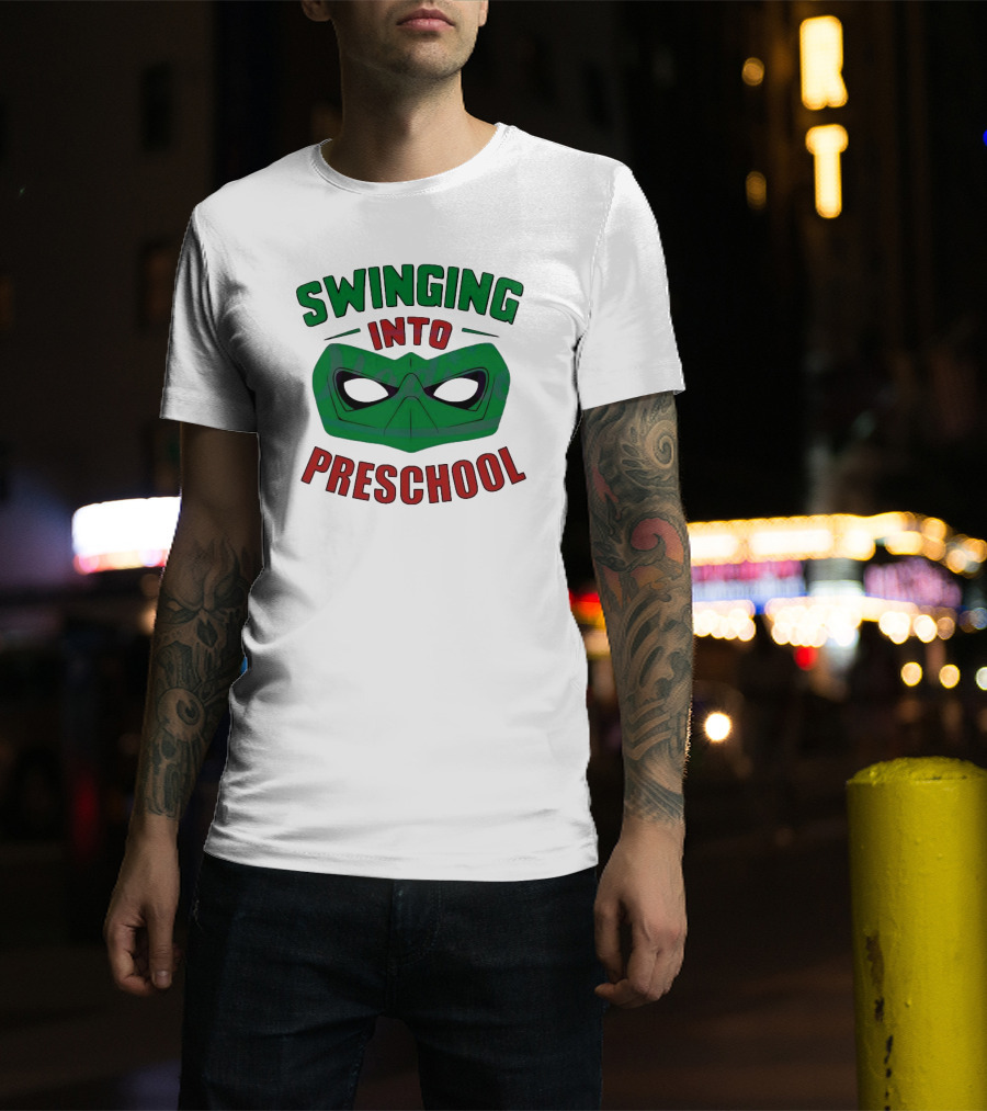 Swinging Into Preschool Green Superhero Mask T-Shirt