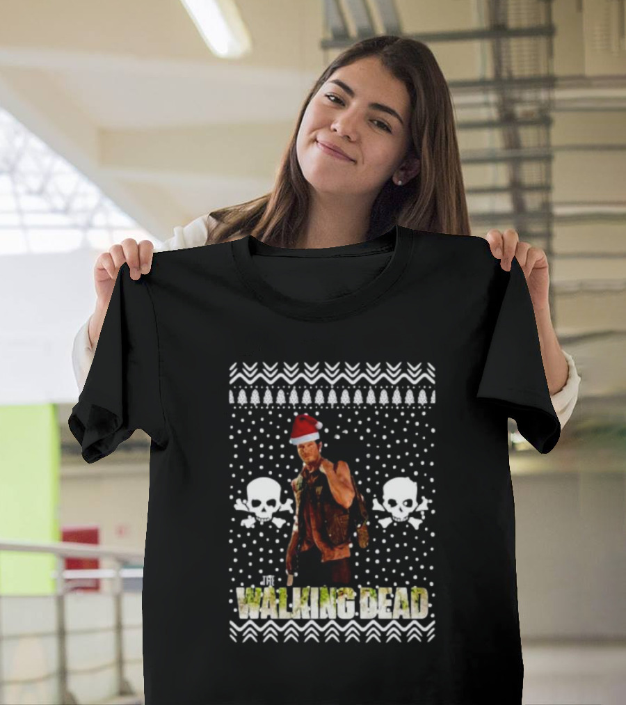 The Walking Dead Daryl Dixon Santa Hat Ugly Christmas Skulls T-Shirt