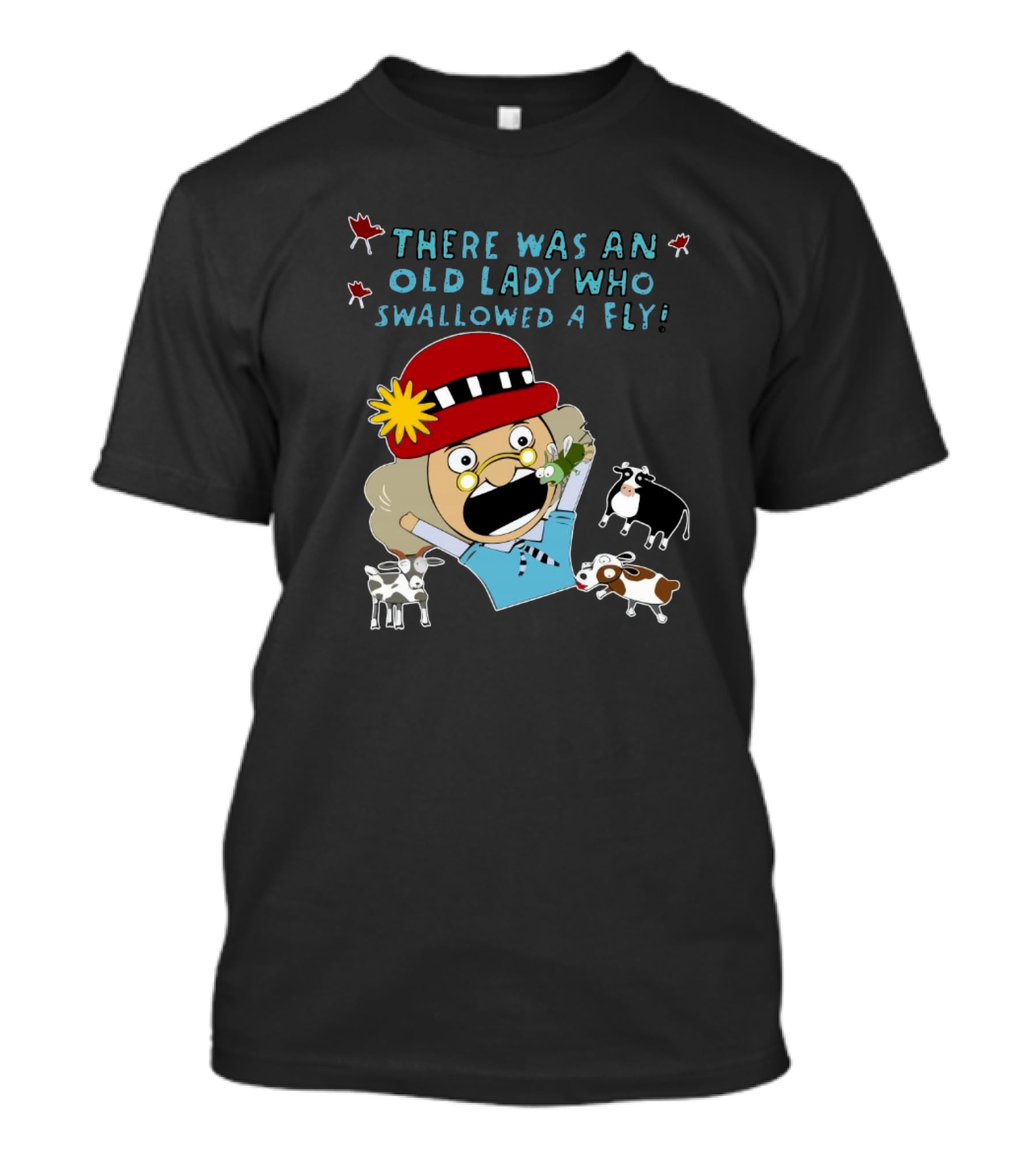 There Was An Old Lady Who Swallowed A Fly Black Funny Cartoon With Animals T-Shirt