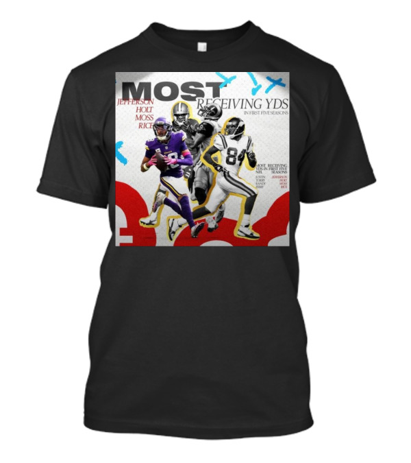 Justin Jefferson Most Receiving Yards In First Five Seasons Jefferson Holt Moss Rice Minnesota Vikings T-Shirt