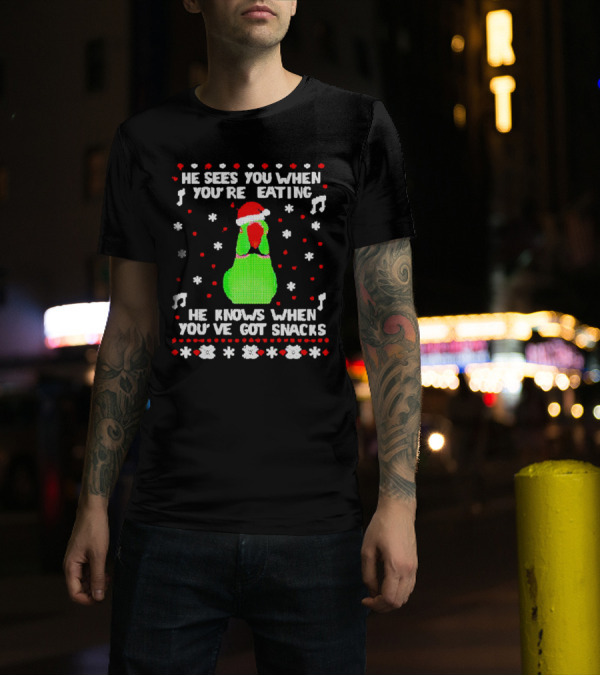 Parrot Ugly Christmas He Sees You When You’re Eating He Knows When You’ve Got Snacks T-Shirt