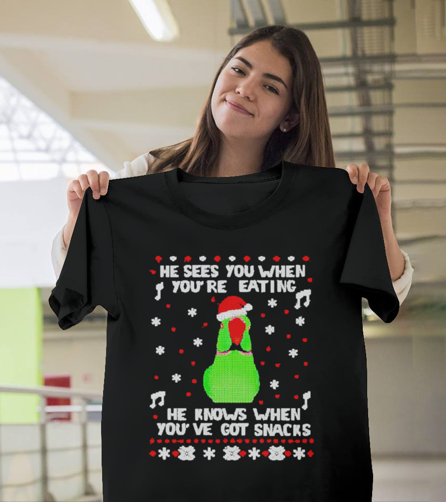 Parrot Ugly Christmas He Sees You When You’re Eating He Knows When You’ve Got Snacks T-Shirt