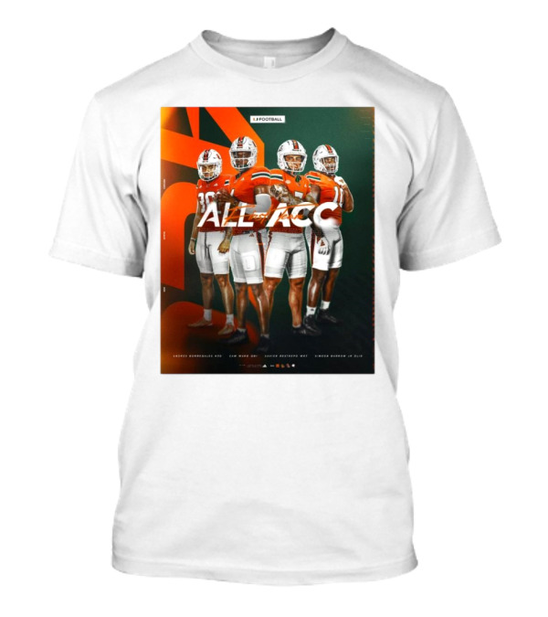 Miami Hurricanes Tyler Van Dyke, Kamren Kinchens, Xavier Restrepo, Simeon Harris All-ACC Football Honors T-Shirt