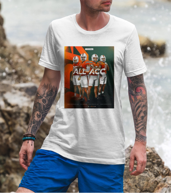 Miami Hurricanes Tyler Van Dyke, Kamren Kinchens, Xavier Restrepo, Simeon Harris All-ACC Football Honors T-Shirt