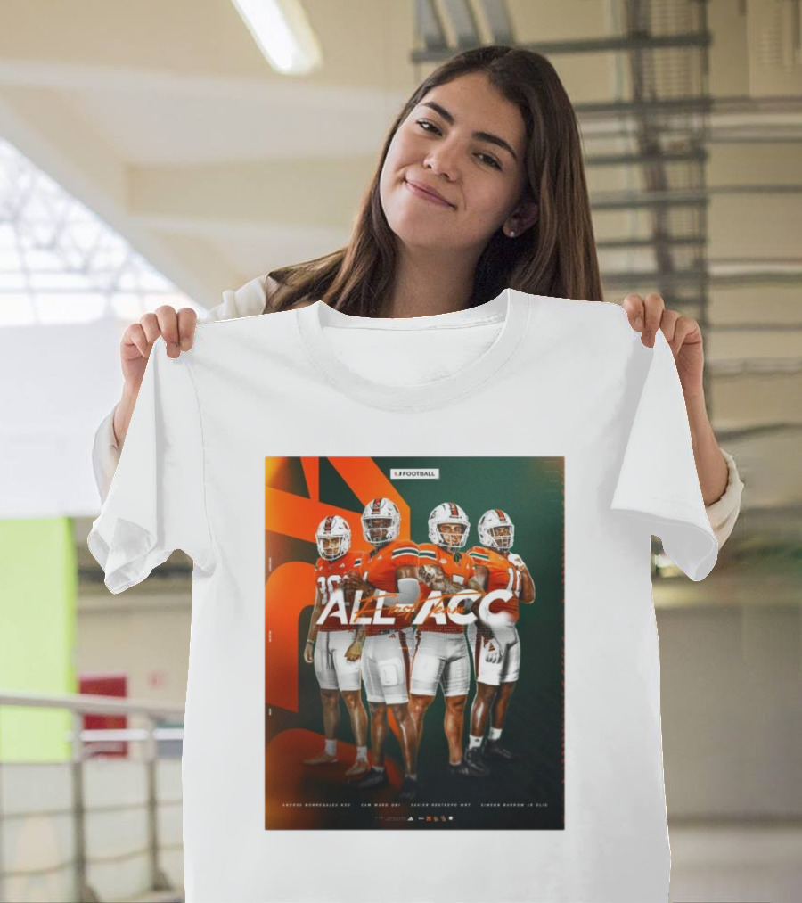 Miami Hurricanes Tyler Van Dyke, Kamren Kinchens, Xavier Restrepo, Simeon Harris All-ACC Football Honors T-Shirt