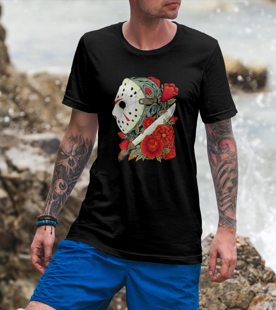 Crystal Lake Counselor Camp Mask Floral Knife T-Shirt