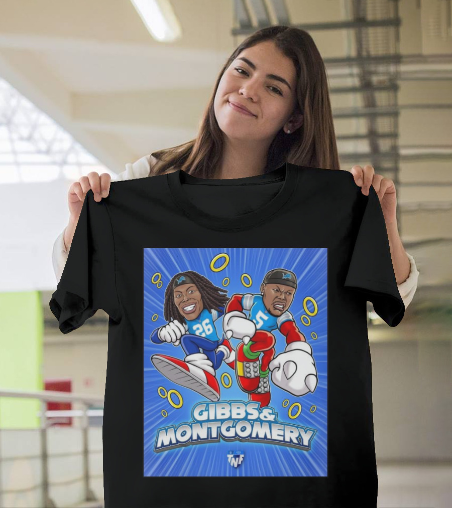 Detroit Lions NFL Gibbs and Montgomery The Dynamic Duo Caricature 26 5 TNF T-Shirt