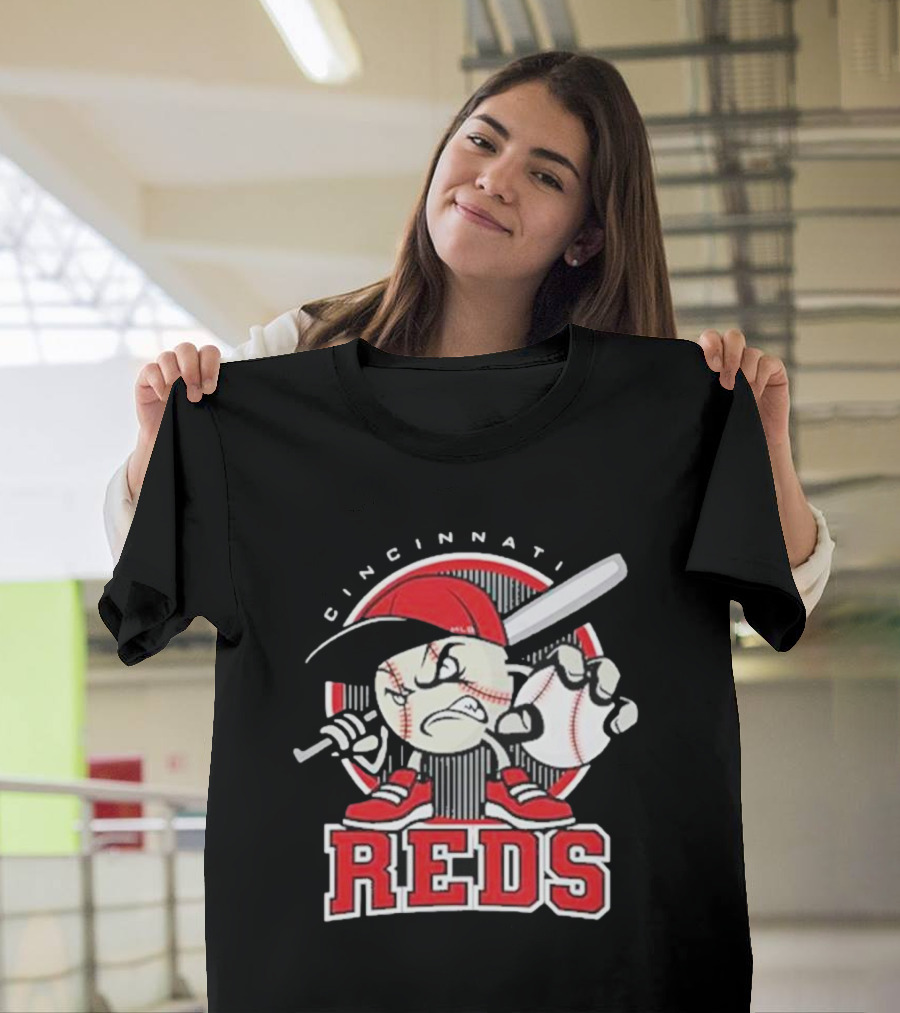 Cincinnati Reds Retro Baseball Character With Cap And Bat T-Shirt