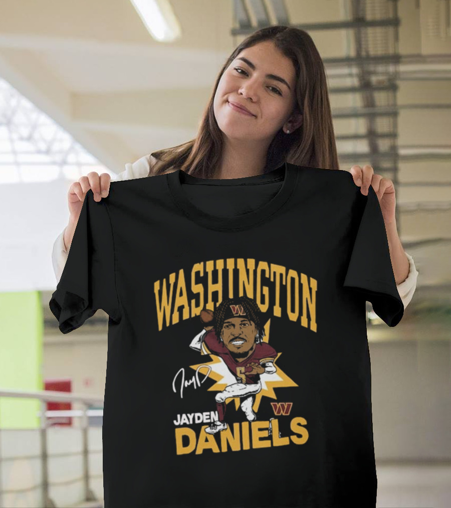 Washington Commanders NFL Jayden Daniels Caricature Player Signature T-Shirt