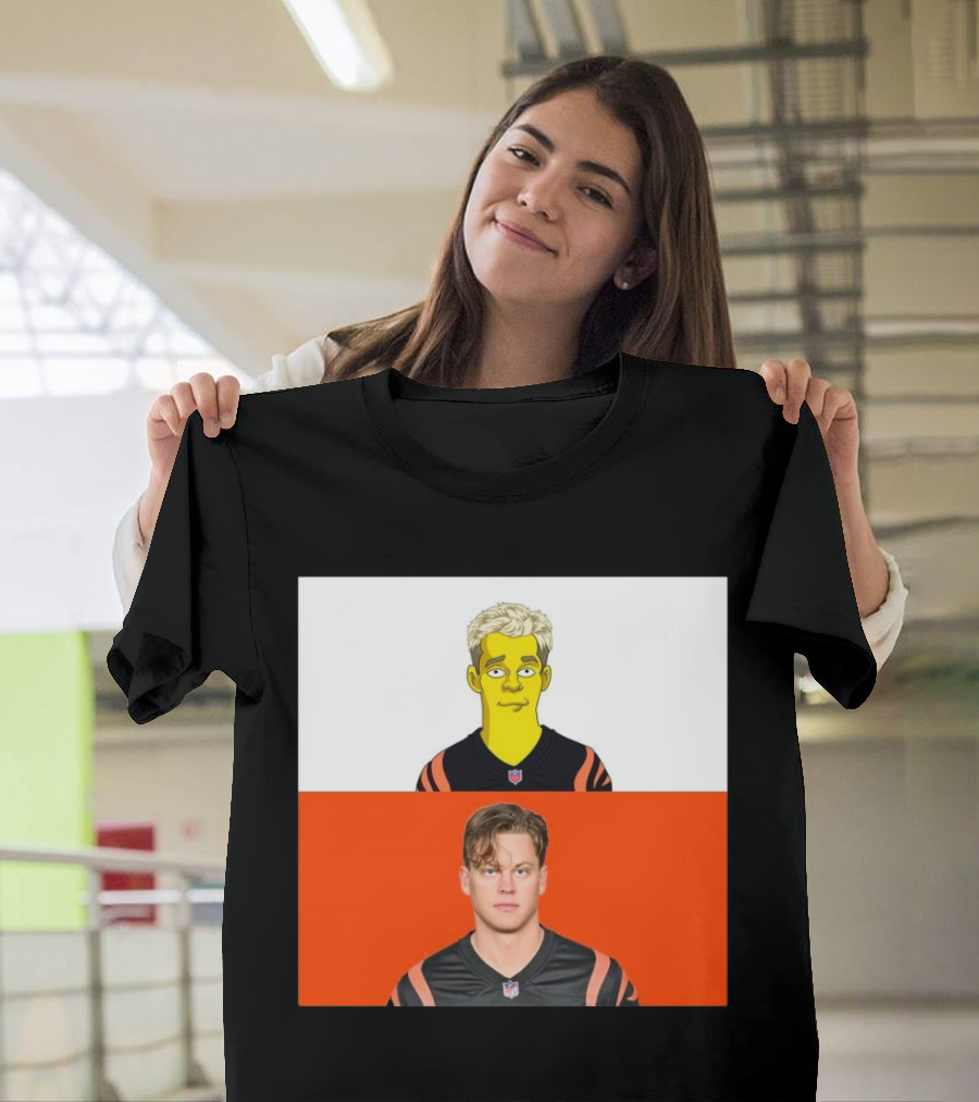 The Simpsons Styled Joe Burrow in Cincinnati Bengals NFL Comparison T-Shirt