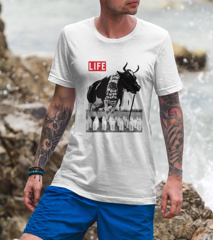 Life Magazine Cow With Milk Bottles And Floral Garland T-Shirt